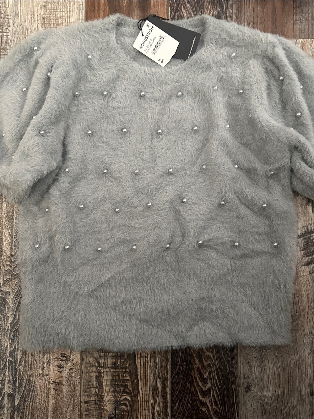Adrianna Papell Gray Faux-Fur Pearl-Accent Sweater